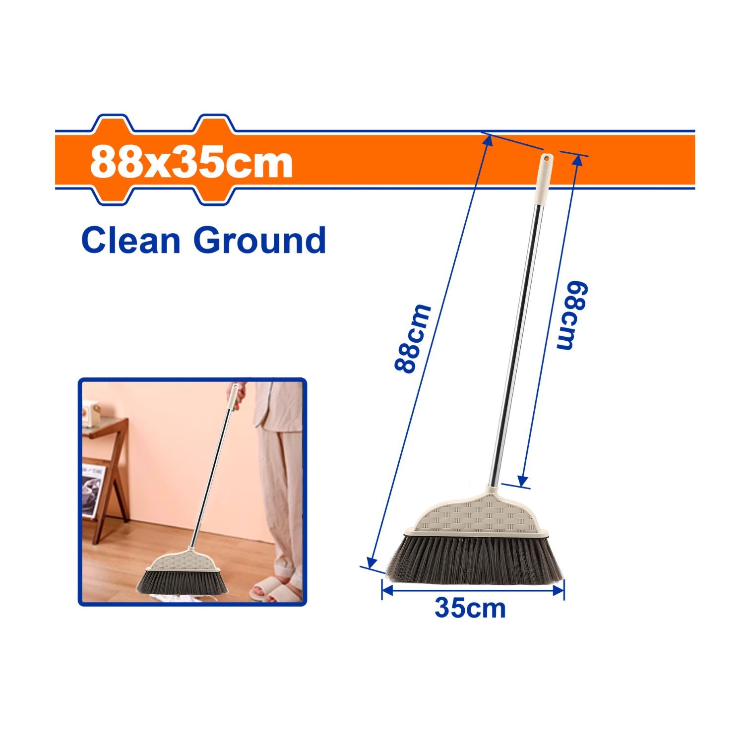 Escoba 88x35cm Tubo de Acero Inoxidable con mango de plástico. Ideal para limpieza de pisos.