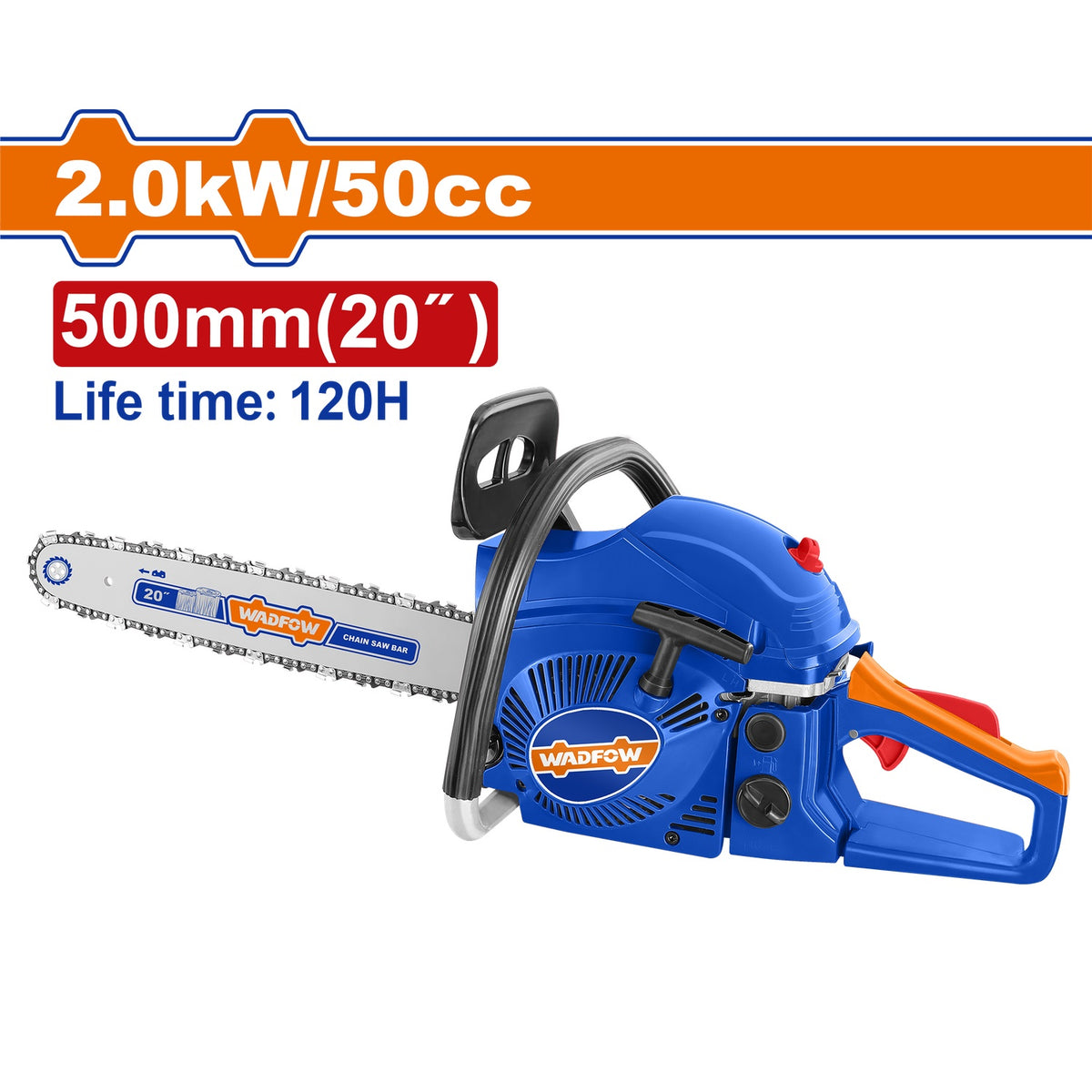 Motosierra de Gasolina 50cc  2.0Kw de 20" (500mm) Tiempo de vida 120H Tanque gasolina 550ml Tanque aceite 260ml  Motor 2 tiempos enfriado por aire.