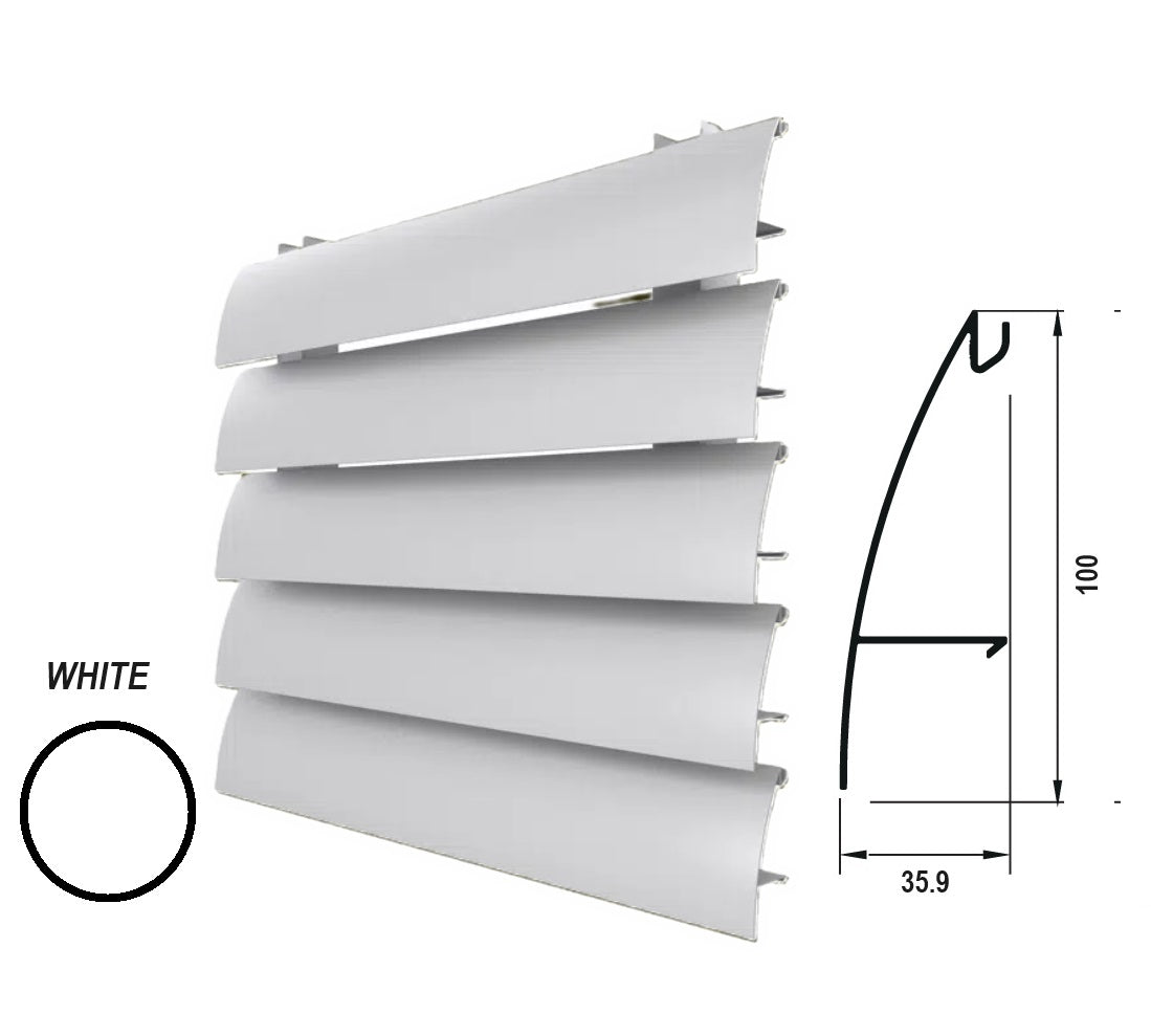 Lama Louver Curva Blanco para clipar en marco U127 Ancho 100x35x1mm 5800 mm long.