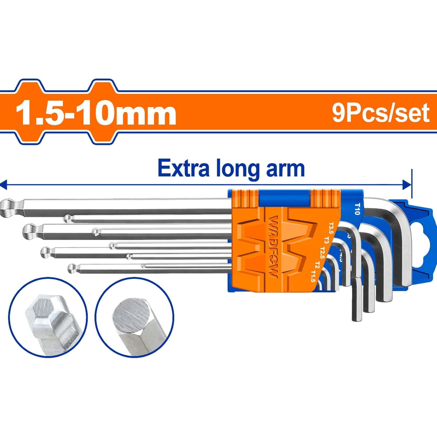 Llaves ALLEN Hexagonales De Punta De Bola. Brazo Extra Largo (9 Pzas) 1.5-10Mm. Cr-V (Juego)