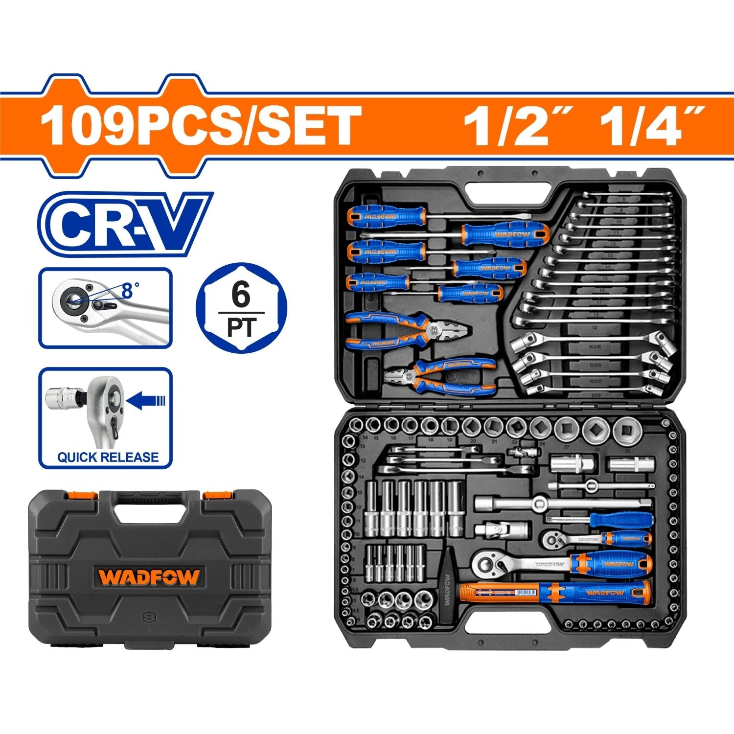 Herramientas Surtidas 109 Piezas con Ratchet, Dados, Llaves Combinadas. Cr-V, Tratamiento térmico. Cromado. Se vende en Juego. Con maletin
