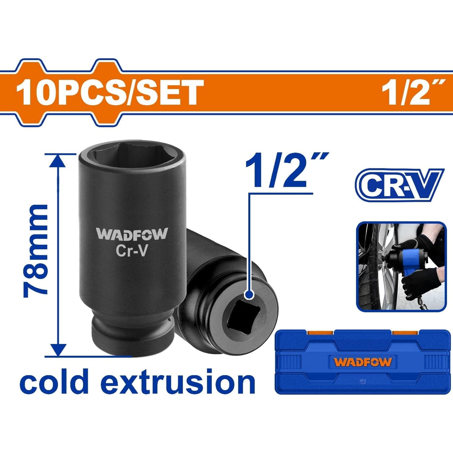 Dados Socket De Impacto De 1/2" DR. De 10 Piezas. Largo:78 Mm. Crmo. Tratamiento Térmico.