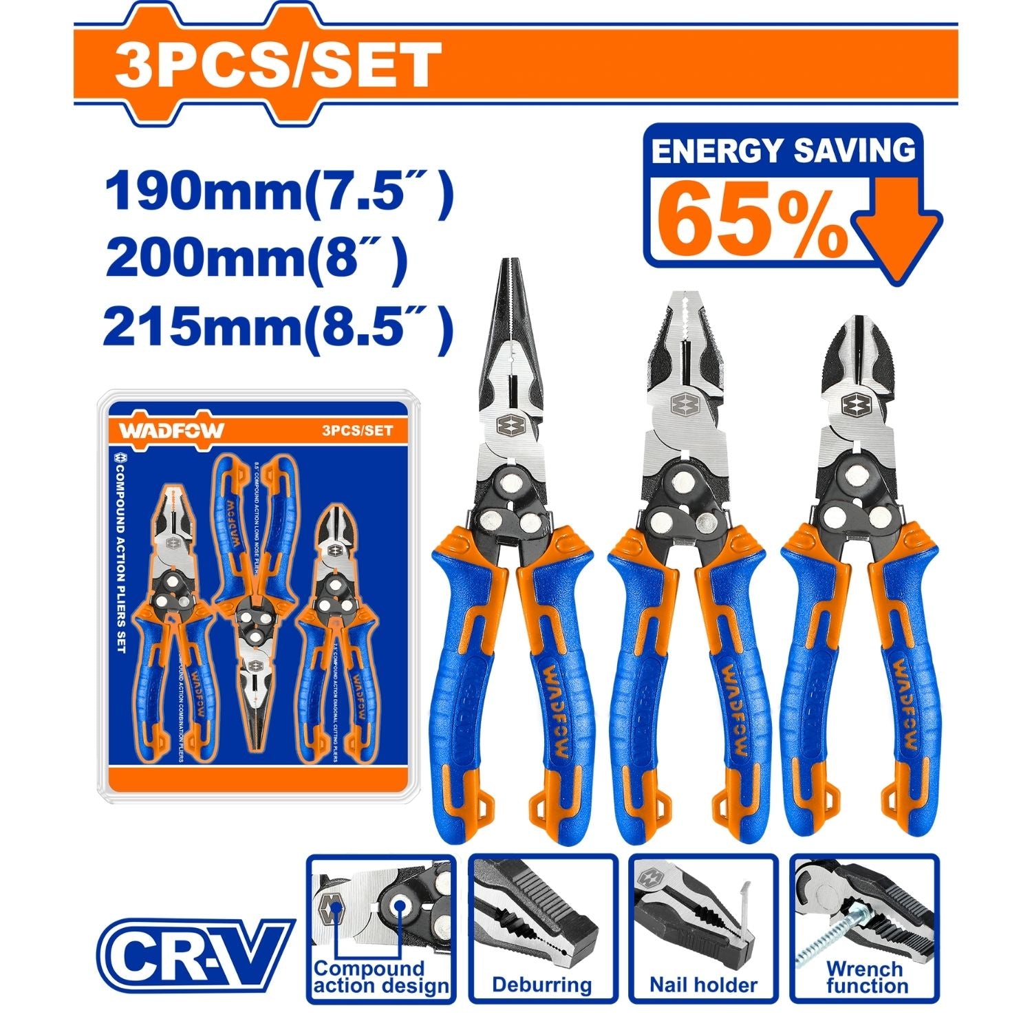 Alicates de acción compuesta. Ahorran 65% de la fuerza. Acabado pulido. Ergonómico. SET 3 pzas. Pinzas.