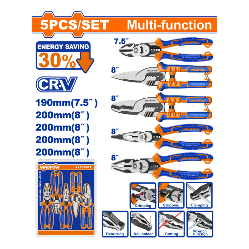 Alicates multifuncionales Ahorran 30% de la fuerza. Acabado pulido. Ergonómico.  Set 5 pzas. Pinzas.