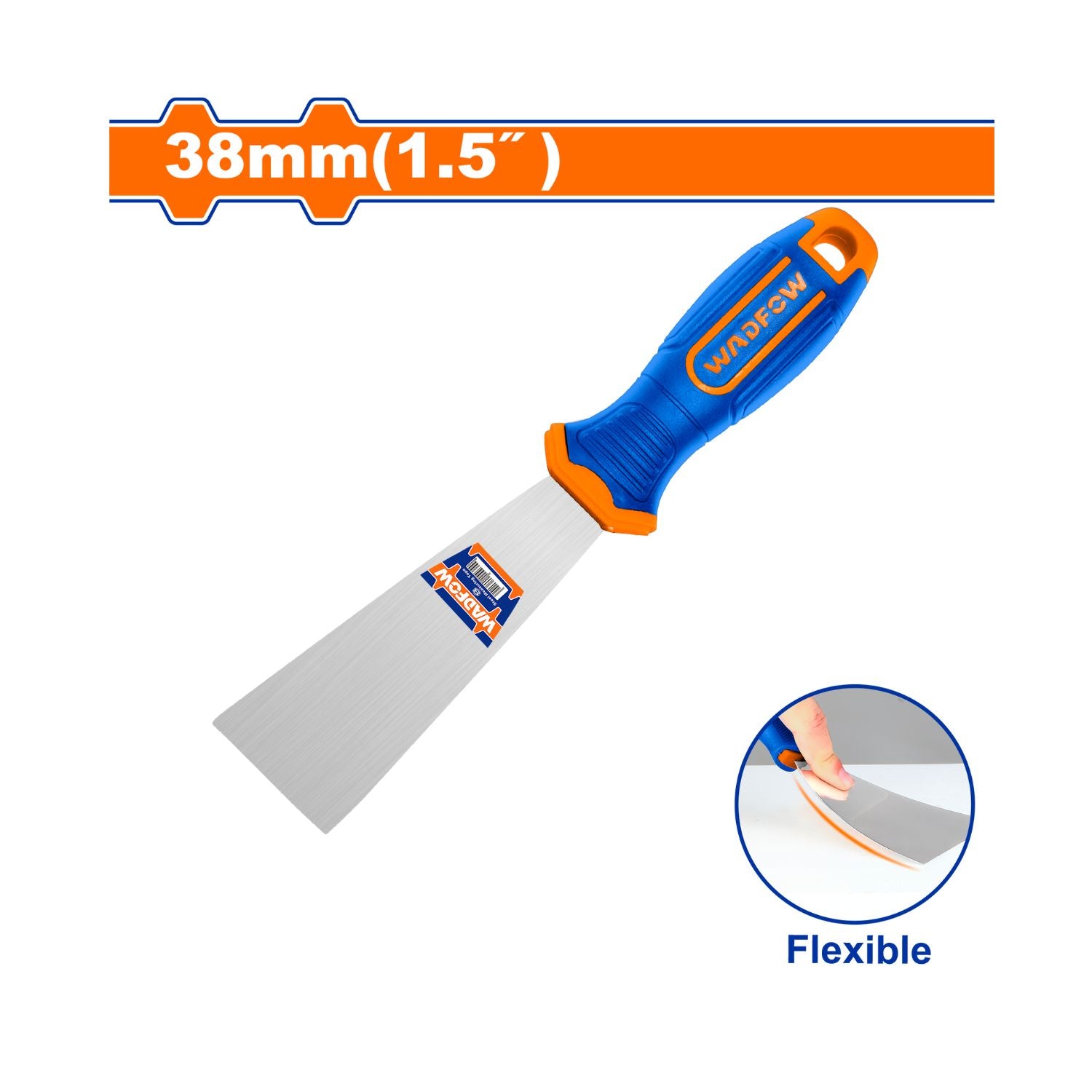 Espátula de 38mm(1.5").Tratamiento térmico Con mango de plástico. Acero flexible.