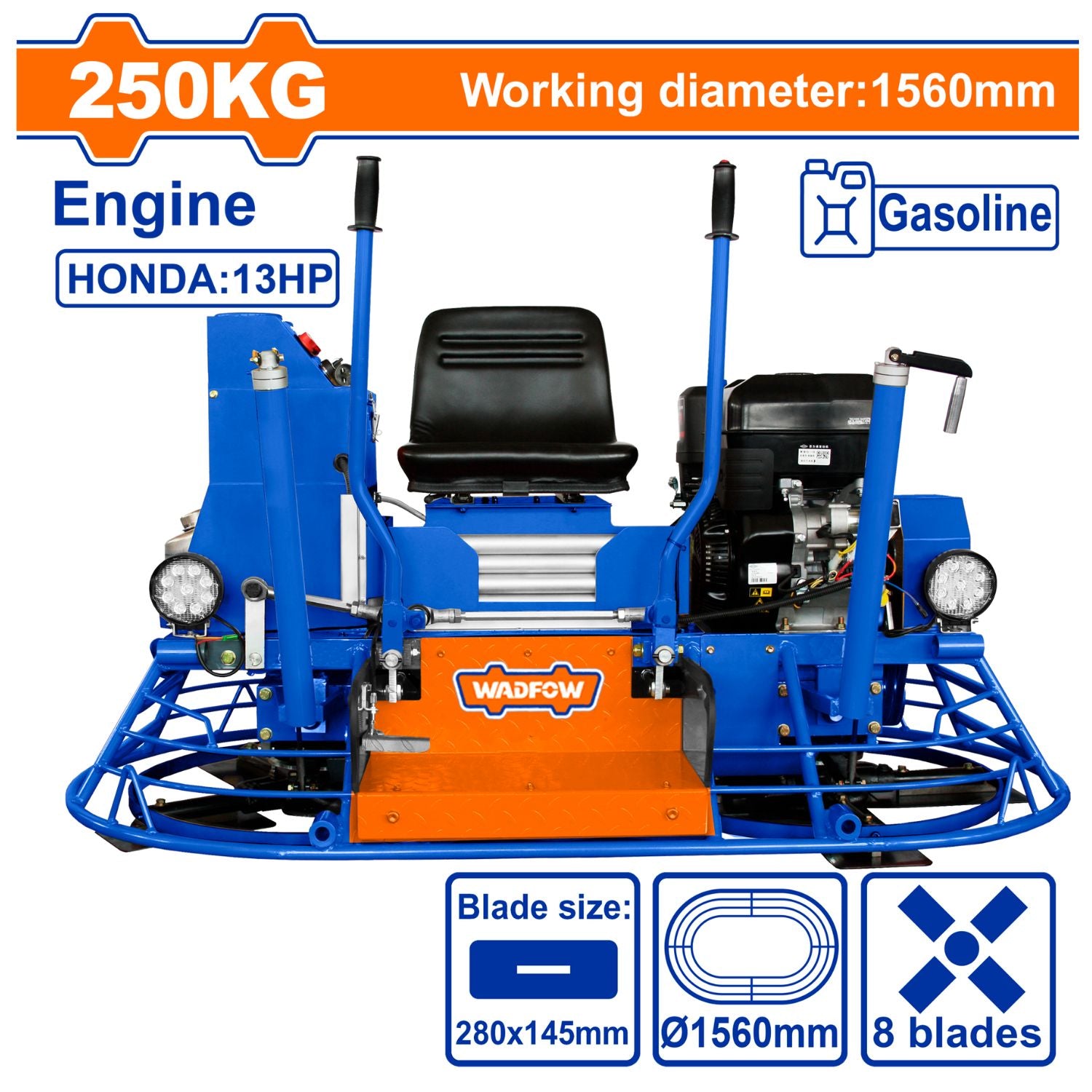 Llana de Poder a Gasolina. Potencia del motor: 8.2 kW / 13 HP Peso: 250 kg. Con plato de hierro. 156 cm helicóptero