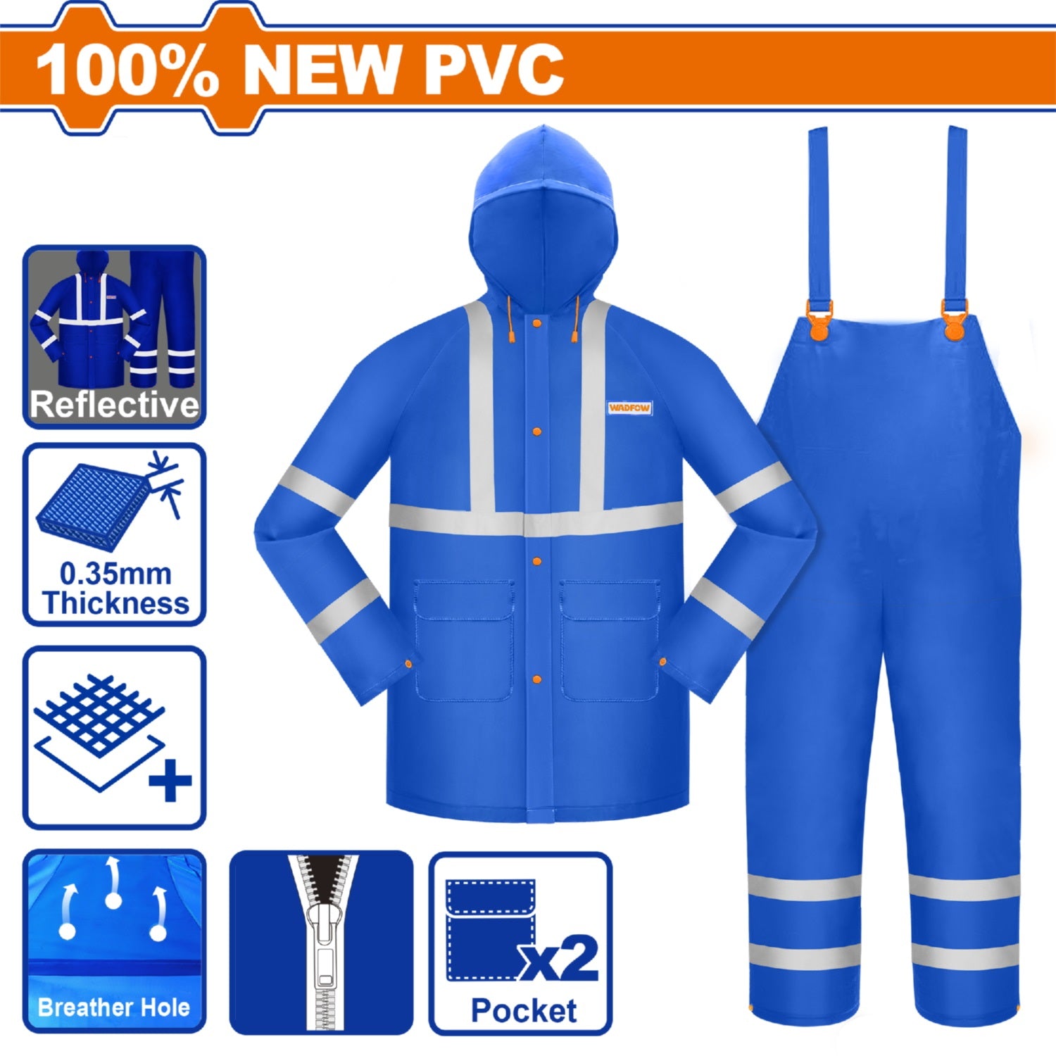 Chaquetas y Overoles para lluvia en set. 100%PVC. Espesor 0.35mm. Impermeable. Con líneas reflectivas.