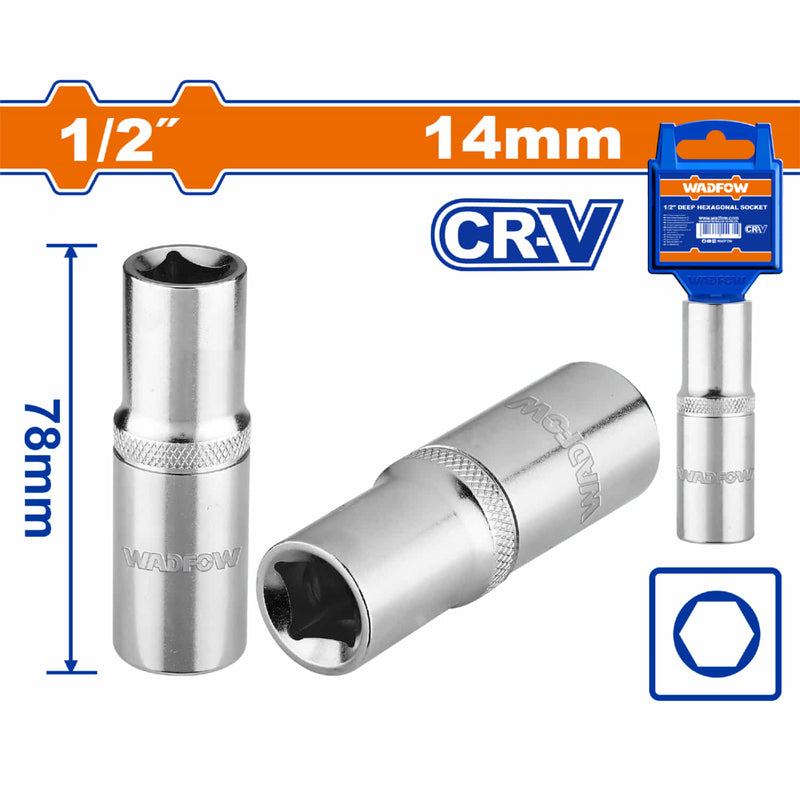 Dado Hexagonal socket Largo 1/2" 14mm 6 puntas Longitud 78mm. Acero 50BV30 Tratado térmicamente. Cromado.