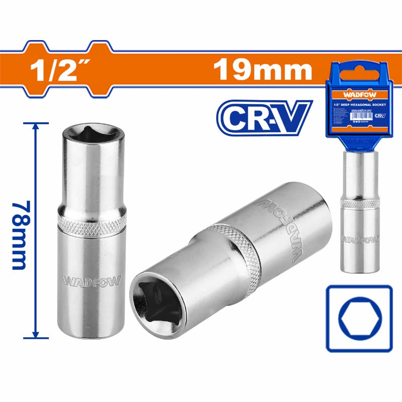 Dado Hexagonal socket Largo 1/2" 19mm 6 puntas Longitud 78mm. Acero 50BV30 Tratado térmicamente. Cromado.