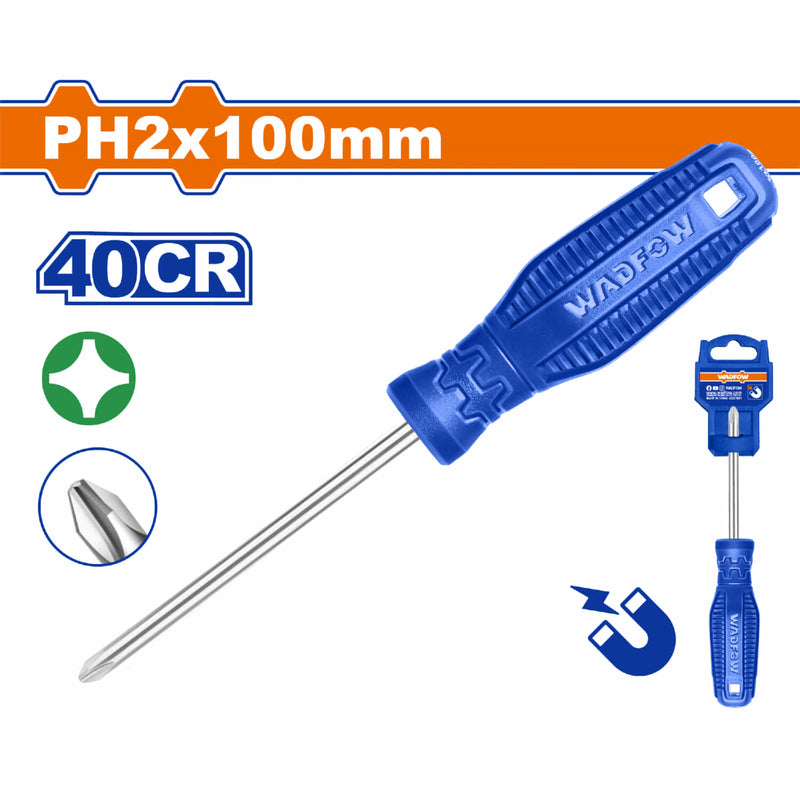 Destornillador Phillips 2x100mm PH2 Vástago Redondo 40CR Magnético.
