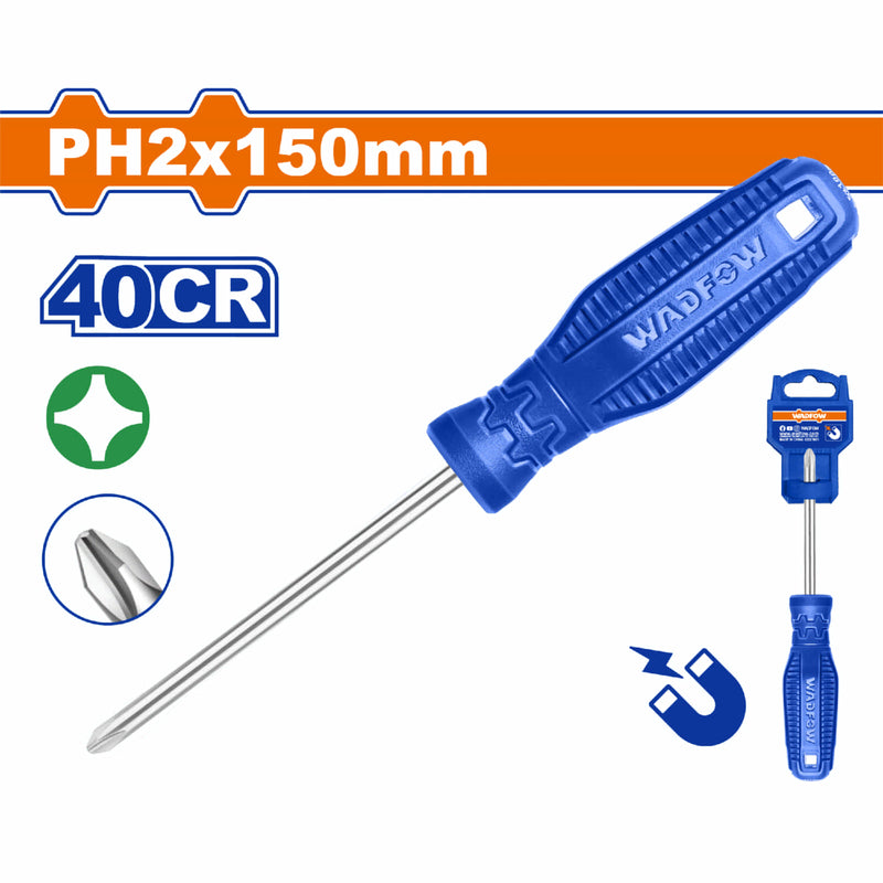 Destornillador Phillips 2x150mm PH2 Vástago Redondo 40CR Magnético.