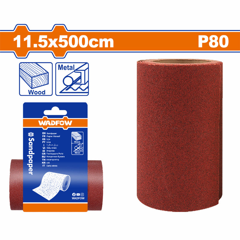 Papel de Lija Grano P80 11.5 x 500cm Oxido de Alumina. Ideal para madera y metal. Rollo de Lija