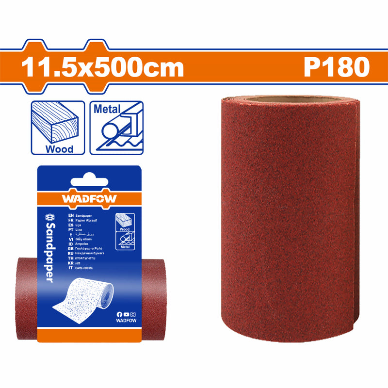 Papel de Lija Grano P180 11.5 x 500cm Oxido de Alumina. Ideal para madera y metal. Rollo de Lija