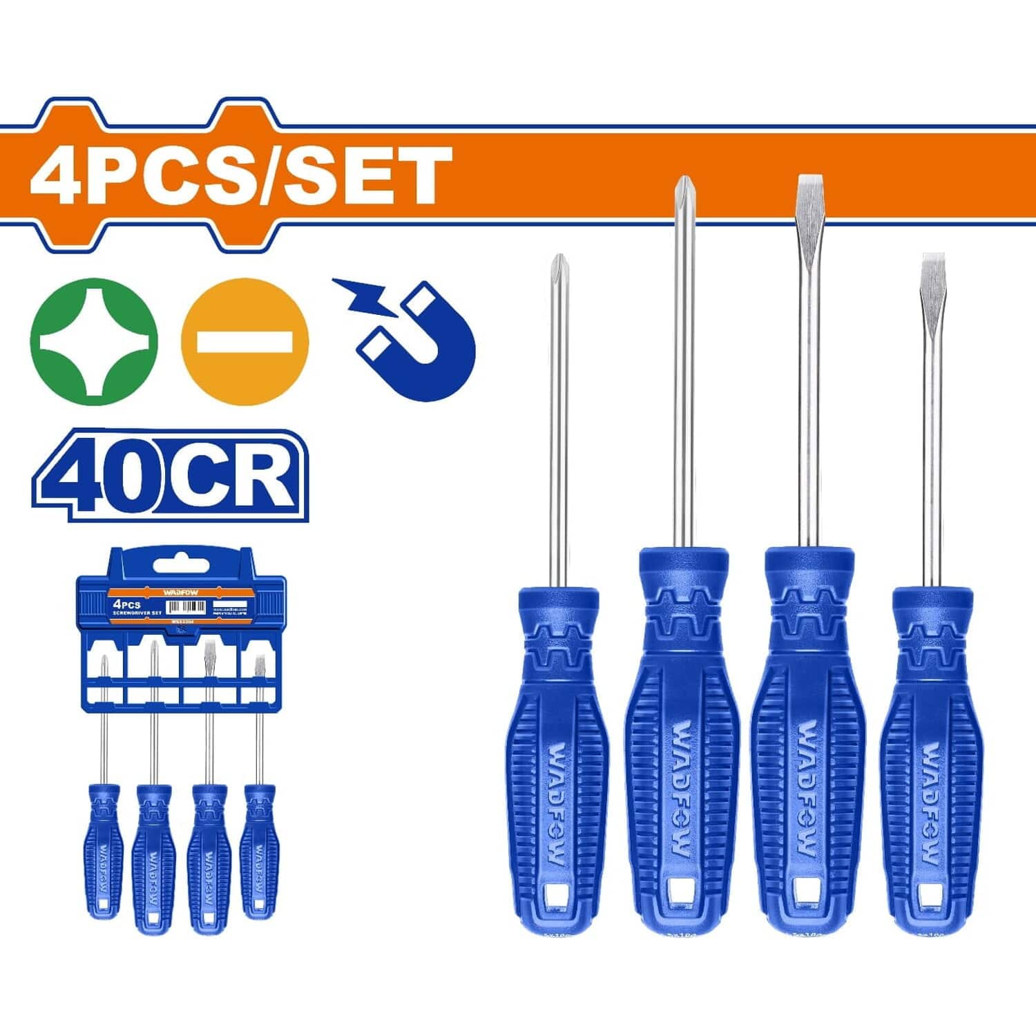 Destornilladores Punta Plana Y Punta Estrella. Mango Redondo. 40CR. Magnético (Juego De 4 Pzs)