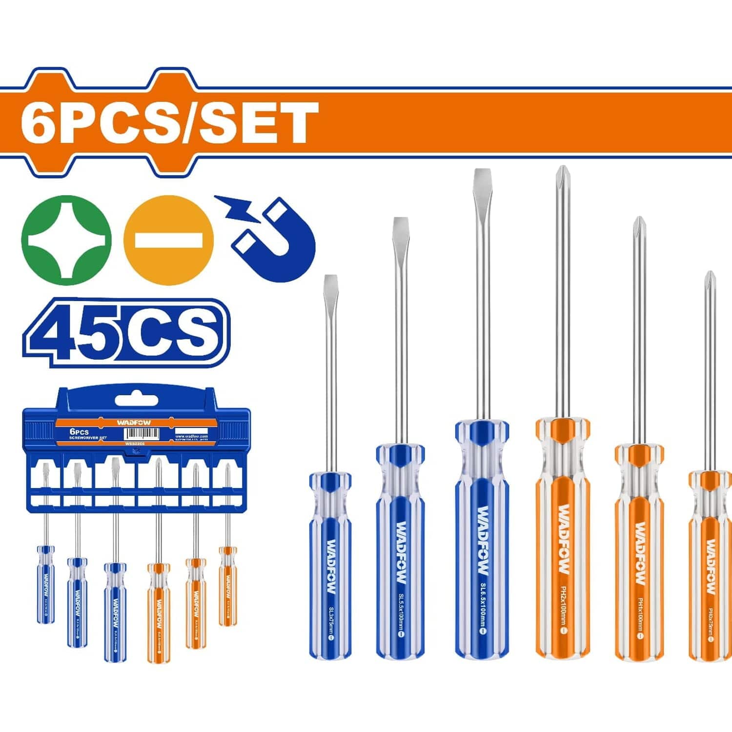 Destornilladores Plano Y Phillips 45CS. Acero Al Carbono. Mango Redondo. (6 Piezas). Magnético.
