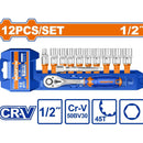 Dados Socket Ratchet 1/2" 12 Pzs. CR-V. 45 Dientes. (Incluye: Socket, Barra De Extensión) Cromado (Set)