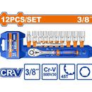 Dados Socket Ratchet  3/8" 12 Pzs. CR-V. 45 Dientes. (Incluye: Socket, Barra De Extensión) Cromado (Set)