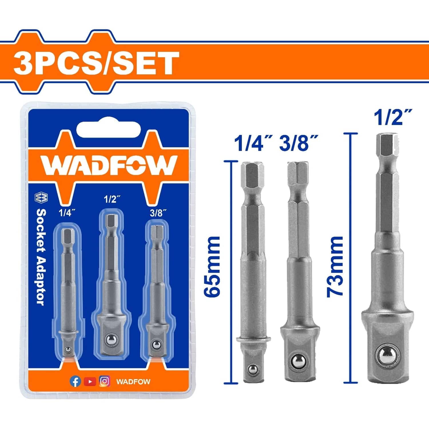 Adaptadores Para Sockets 1/4", 3/8", 1/2". Zanco 1/4" Hexagonal. Material: 50BV30. Set 3 Piezas.