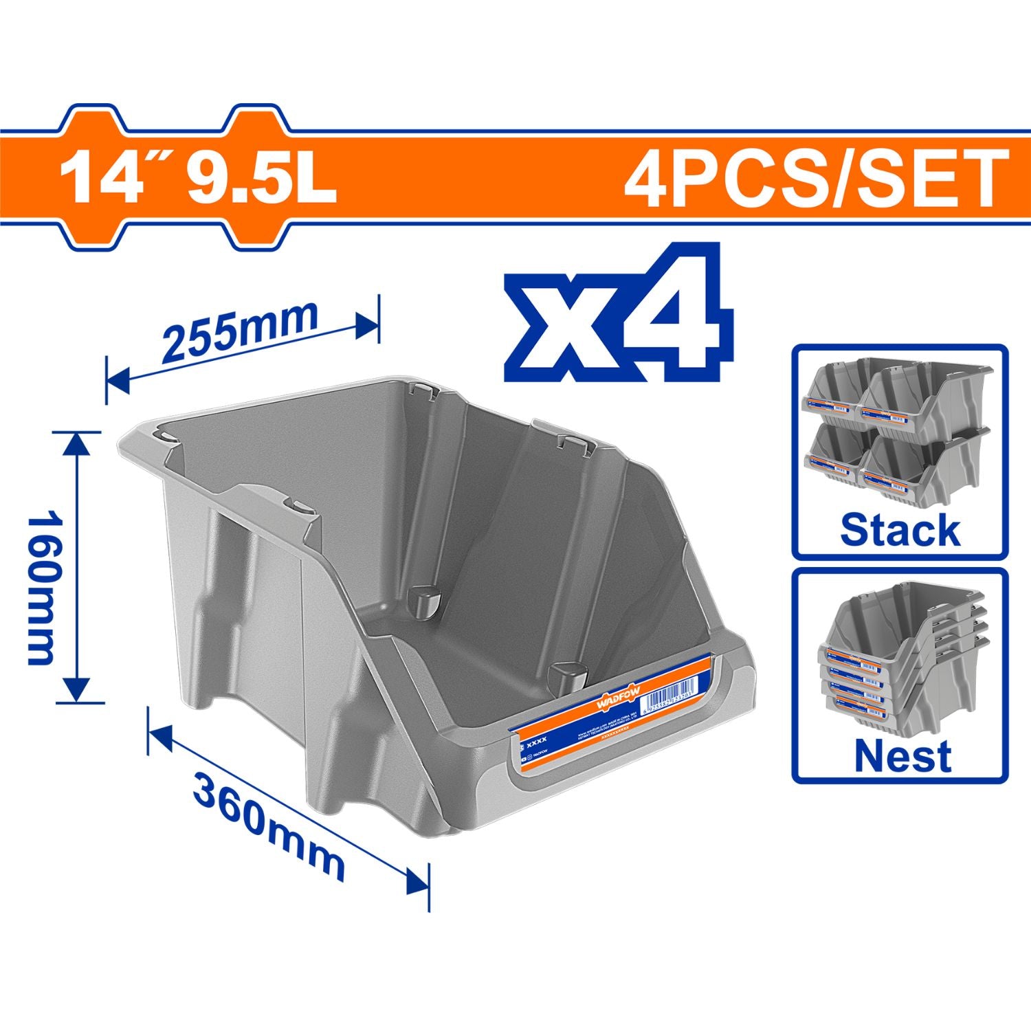Cajas de Plástico Apilable Organizadoras 9.5L 360 x255 x160 mm Set de 4 piezas.  Ideal para Encajar.