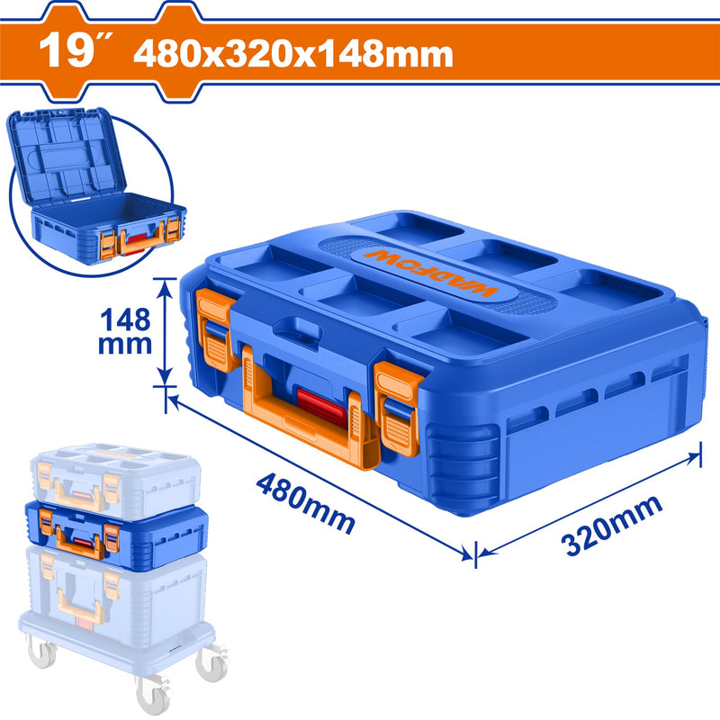 Caja de Herramientas Apilable de 19"  480 mm * 320 mm (12.5") * 148 mm (5.8"). Carga Máx 18Kg Fácil de apilarse