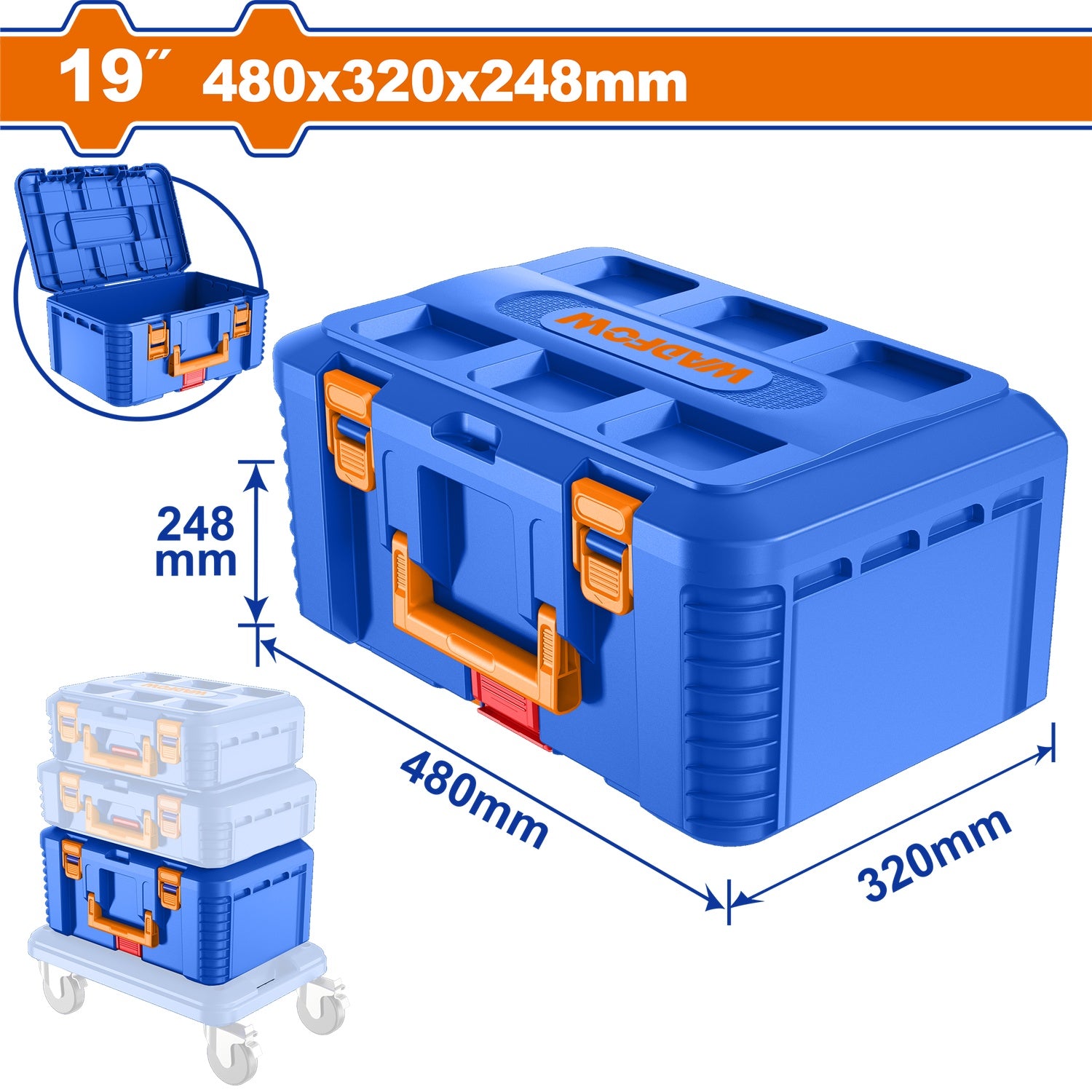 Caja de Herramientas Apilable de 19"  480mm(19"")*320mm(12.5"")*248mm(10""). Carga Máx 22 Kg Fácil de apilarse