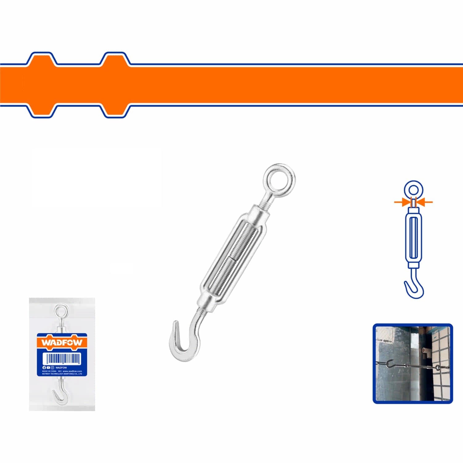 Tensores de cable acero Zinc. Gancho-argolla. Acero al carbono galvanizado. Gancho y ojo de tensor.