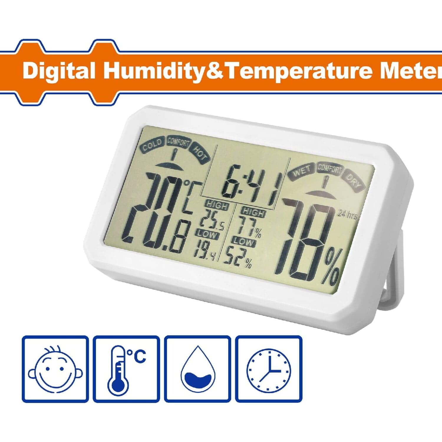 Medidor Digital De Humedad Y Temperatura. Función De Batería Más Baja. Visualización De La Hora.