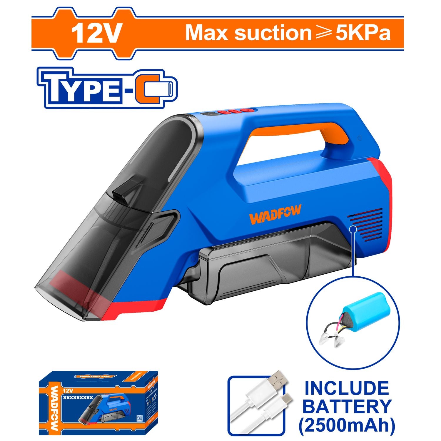 Limpiador Portátil para Manchas 12V Potencia 90W Succión ≥ 5 KPa  Recargable Incluye Cable USB-C Aspirador Quitamanchas