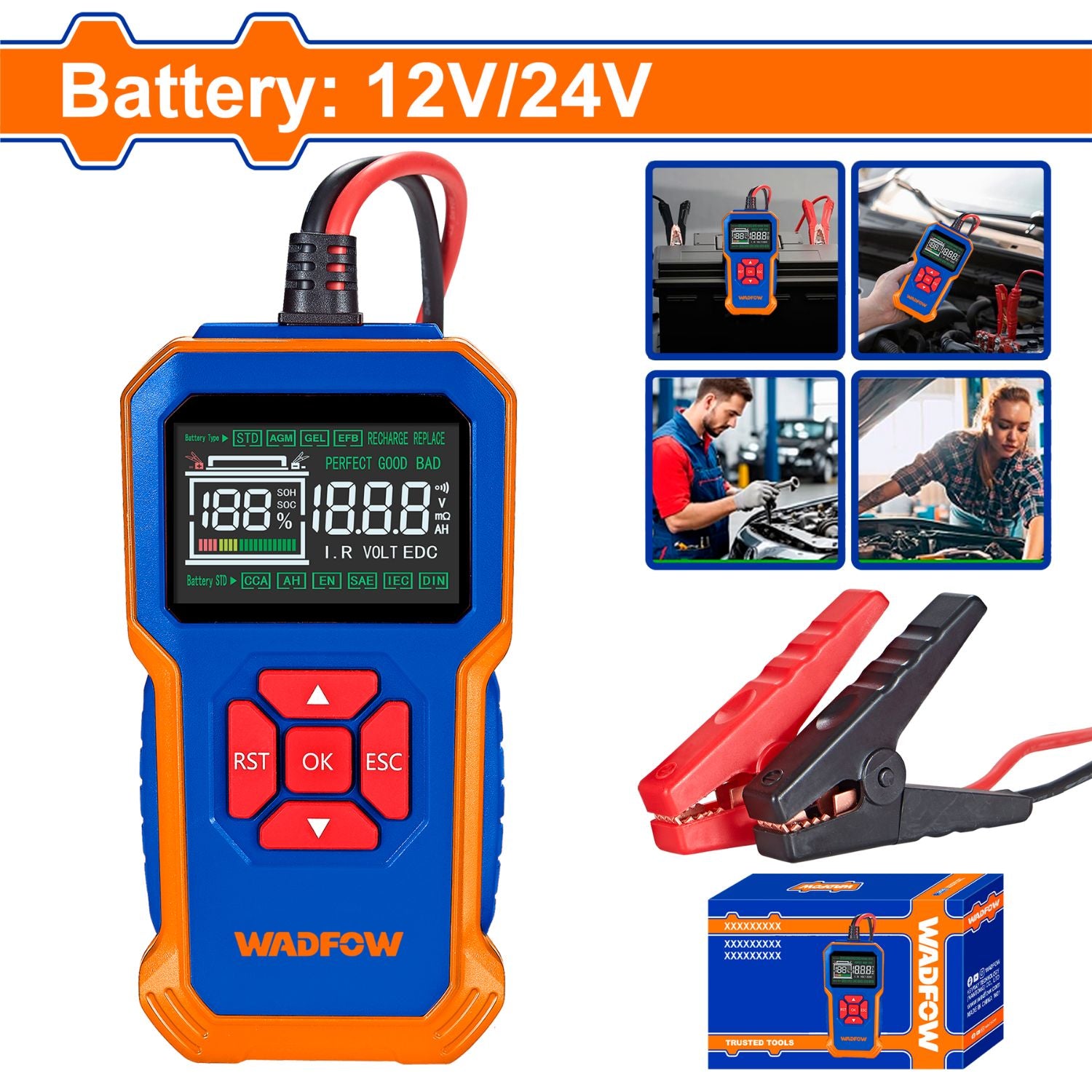 Probador de Baterías 12V/24V para Autos y Camiones, Medición CCA 50-1999 y Voltaje 8-36V Tester