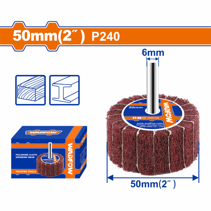 Flap Wheel de Nylon y Aluminio 50×25mm (2") Grano P240 con Vástago 6mm para Metal y Madera. Ideal para pulido.