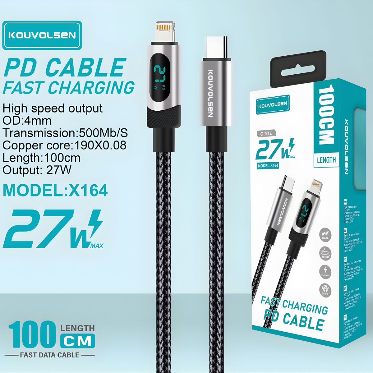 Cable Tipo-C A Lightning De Carga Rápida 27W Con Pantalla Digital Y Transferencia De Datos. Longitud De 1 Metro.