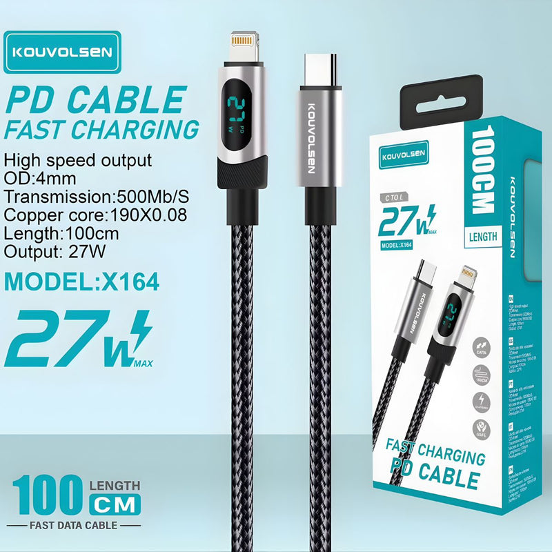Cable Tipo-C A Lightning De Carga Rápida 27W Con Pantalla Digital Y Transferencia De Datos. Longitud De 1 Metro.
