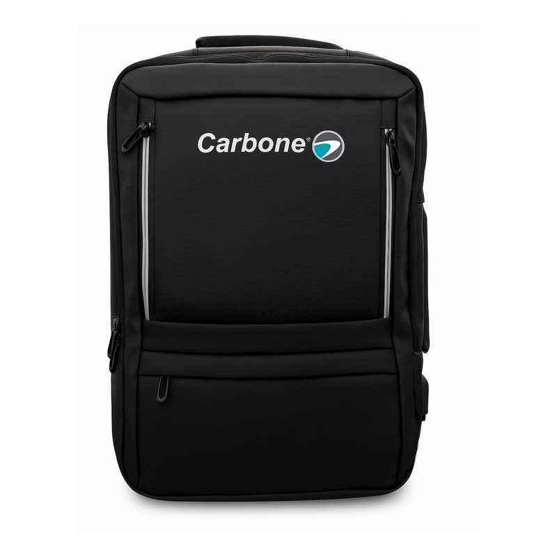 Mochila para laptop negra marca Carbone. Morral de viaje con bolsillo expandible.