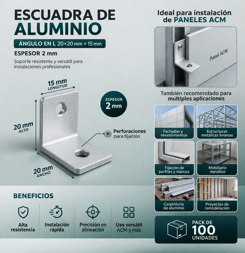 Escuadra L chica de Aluminio Multiuso 20x20x15mm Espesor 2 mm| Soporte para Panel ACM y Fijaciones Generales | Pack 100 Unidades