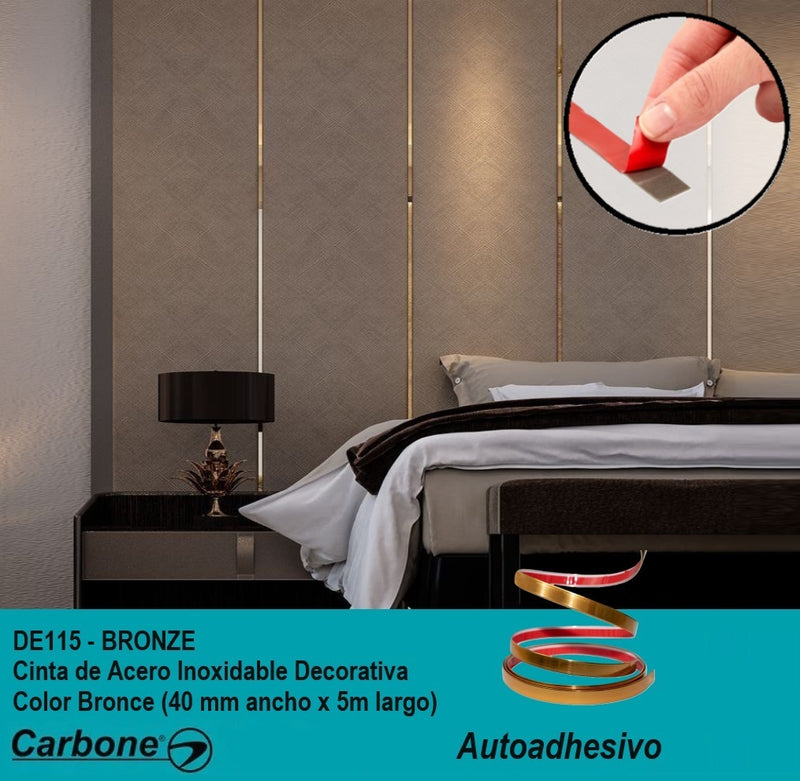 Cinta de acero Inoxidable Bronce brillante Tira Autoadhesiva Decorativa delgada 2 cm x 5m largo para marmol PCV