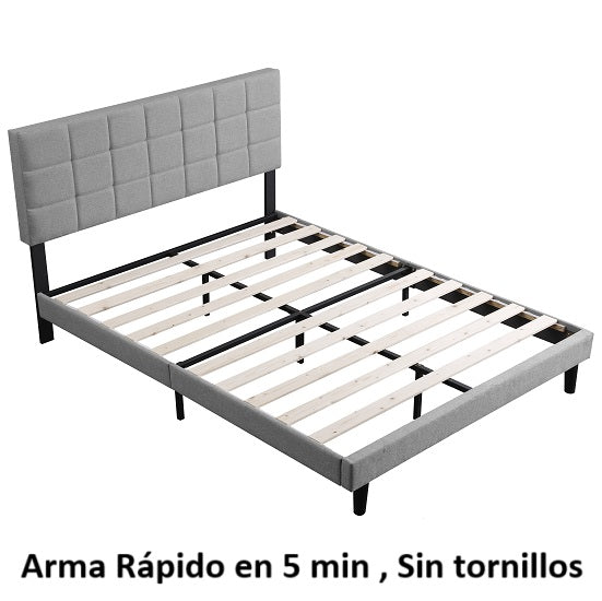 Camas fáciles de armar color gris con respaldar cabecera acolchado
