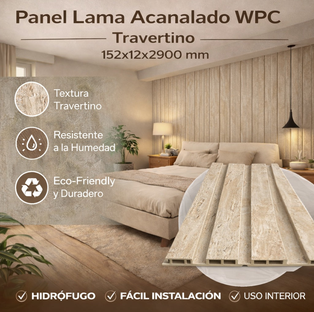 Panel WPC Acanalado Travertino 2900×152×12 mm | Revestimiento Interior Texturizado Hidrófugo y Decorativo