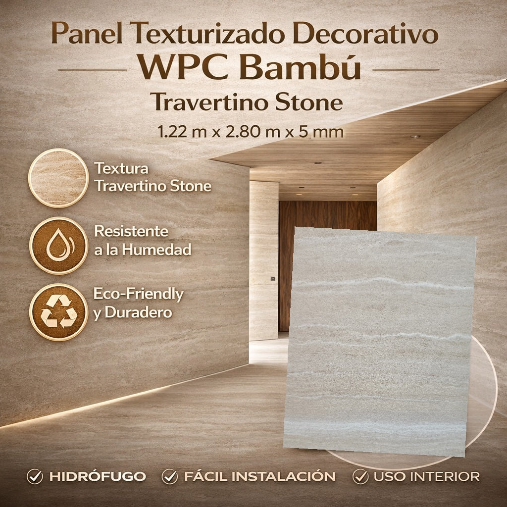 Panel Decorativo WPC Bambú Travertino Stone 1.22×2.80 m x 5 mm | Revestimiento Interior Hidrófugo Tipo Mármol Premium
