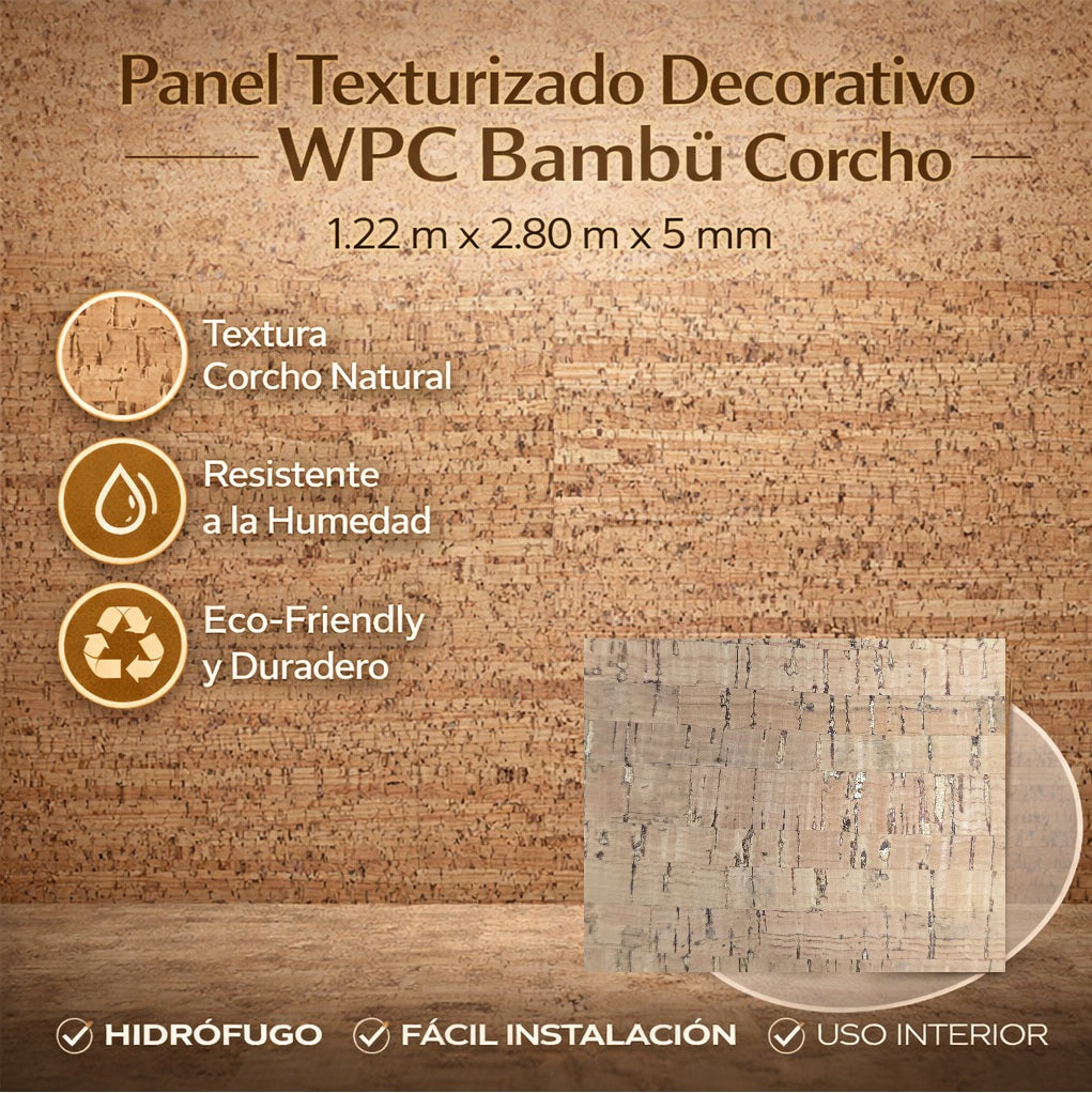 Panel Decorativo WPC Bambú Corcho wood 1.22×2.80 m x 5 mm | Revestimiento Interior Hidrófugo Premium