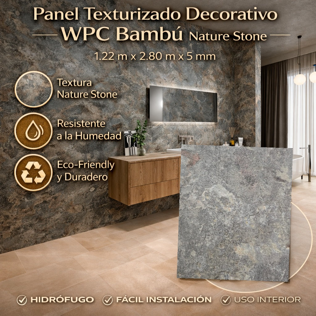 Panel Decorativo WPC Bambú Nature Stone 1.22×2.80 m x 5 mm | Revestimiento Interior Hidrófugo Premium
