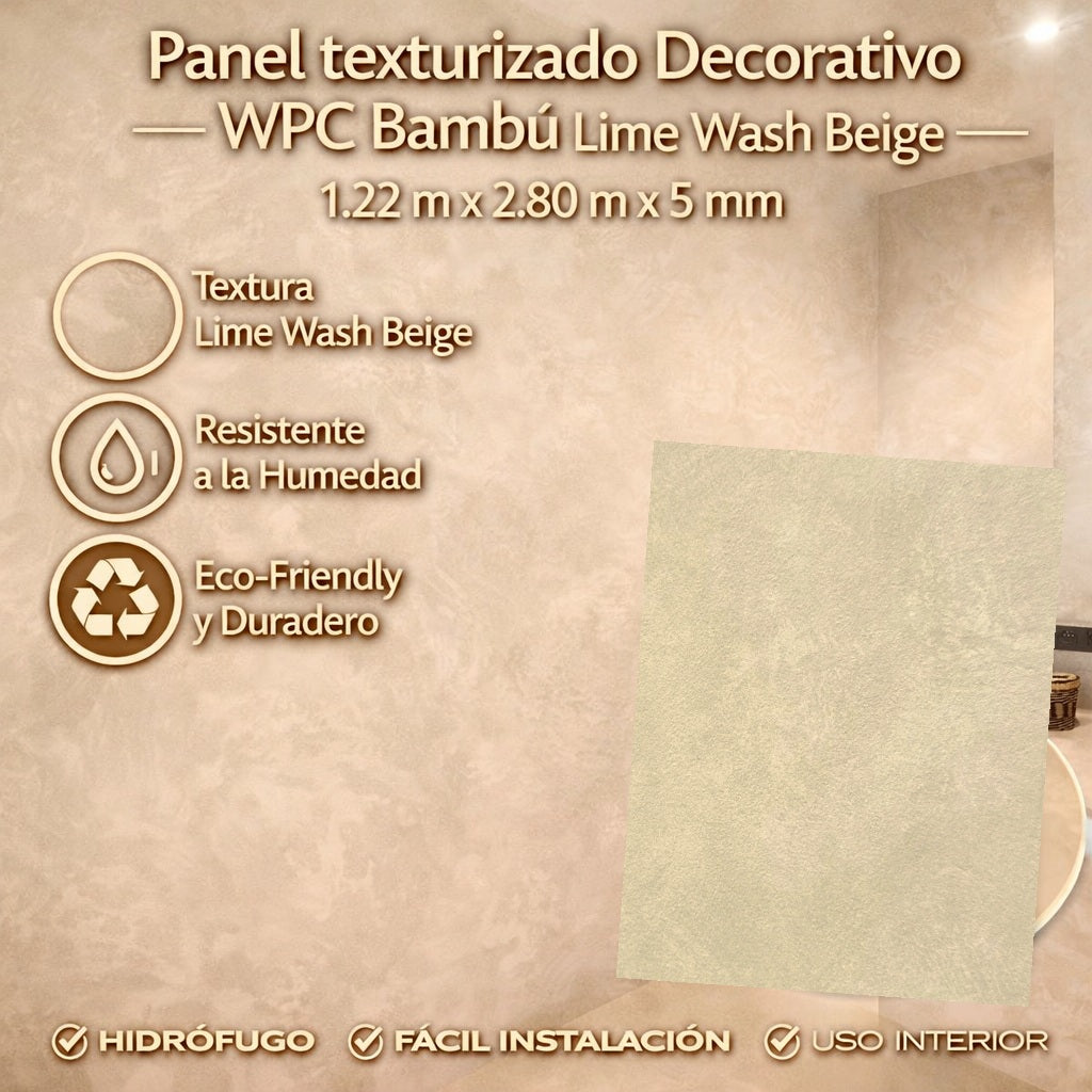 Panel Decorativo WPC Bambú 1.22M X 2.80M X5mm Lime Wash Beige Texturizado