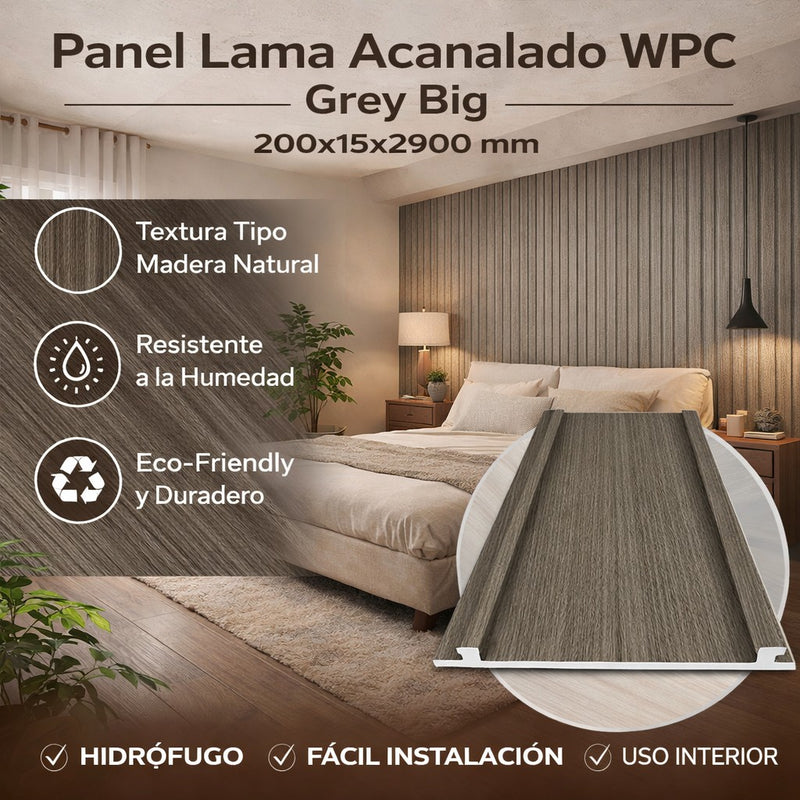 Panel Lama Acanalado WPC Grey Big 200x15x2900 mm | Revestimiento Interior Hidrófugo para Muros y Techos