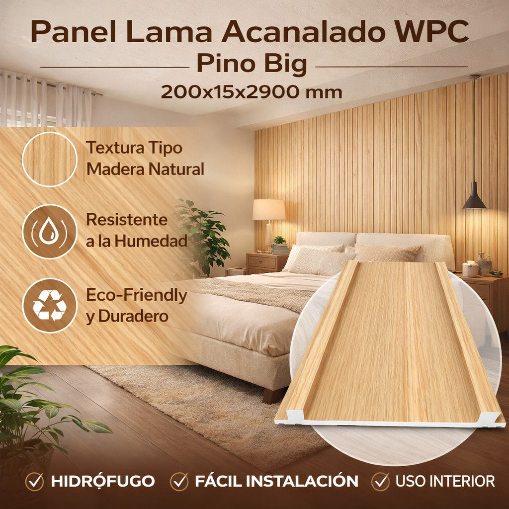 Panel Lama Acanalado WPC Pine Wood Big 200x15x2900 mm | Revestimiento Interior Hidrófugo para Muros y Techos
