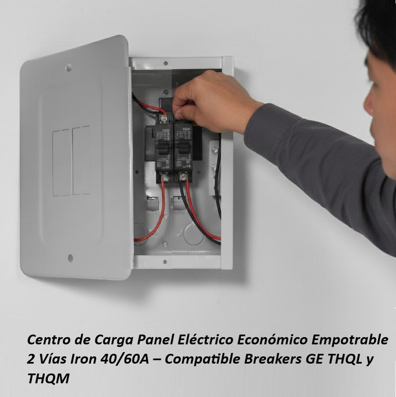 Centro de Carga Panel Eléctrico Económico Empotrable 2 Vías Iron 40/60A – Compatible Breakers GE THQL y THQM