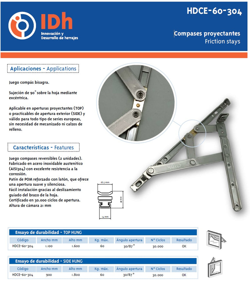Bisagras de proyeccion de ventana (derecha + izquierda). Acero Inoxidable AISI 304. Ancho de canal europa 14 mm. Se vende en PARES