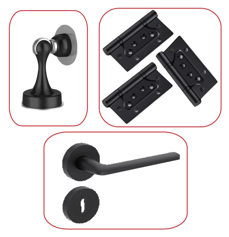 Kit de Hardware Herrajes para puerta WPC color negro incluye halador con tapas y bisagras