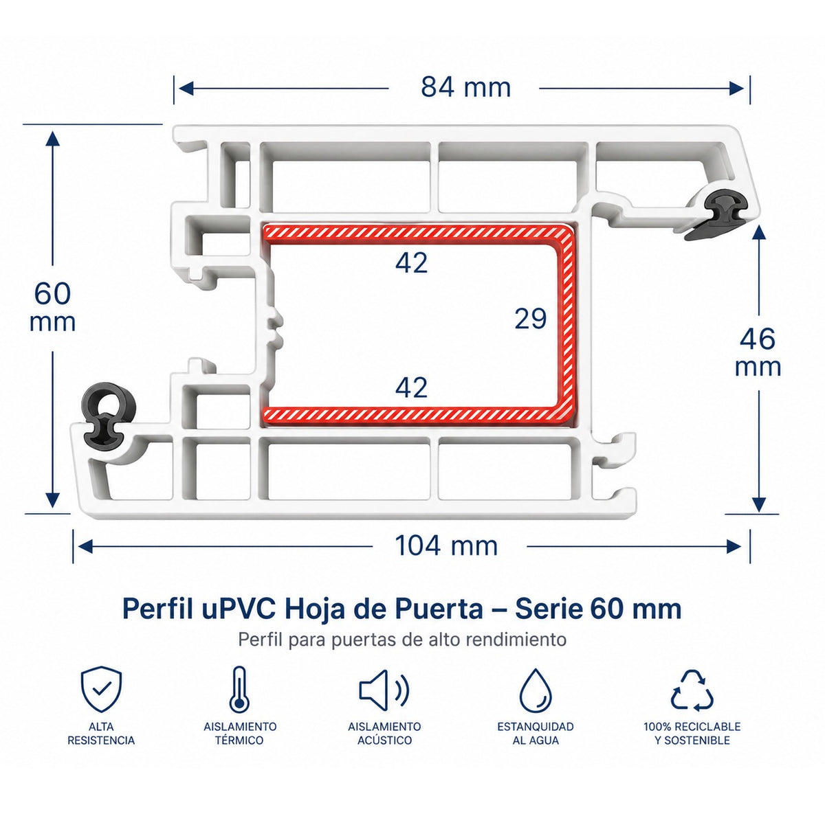 Perfil UPVC Hoja de Puerta Abatible apertura interna 60mm Serie UPView Carbone Espesor 2.5mm Largo 5.85m Color Blanco Microtexturizado