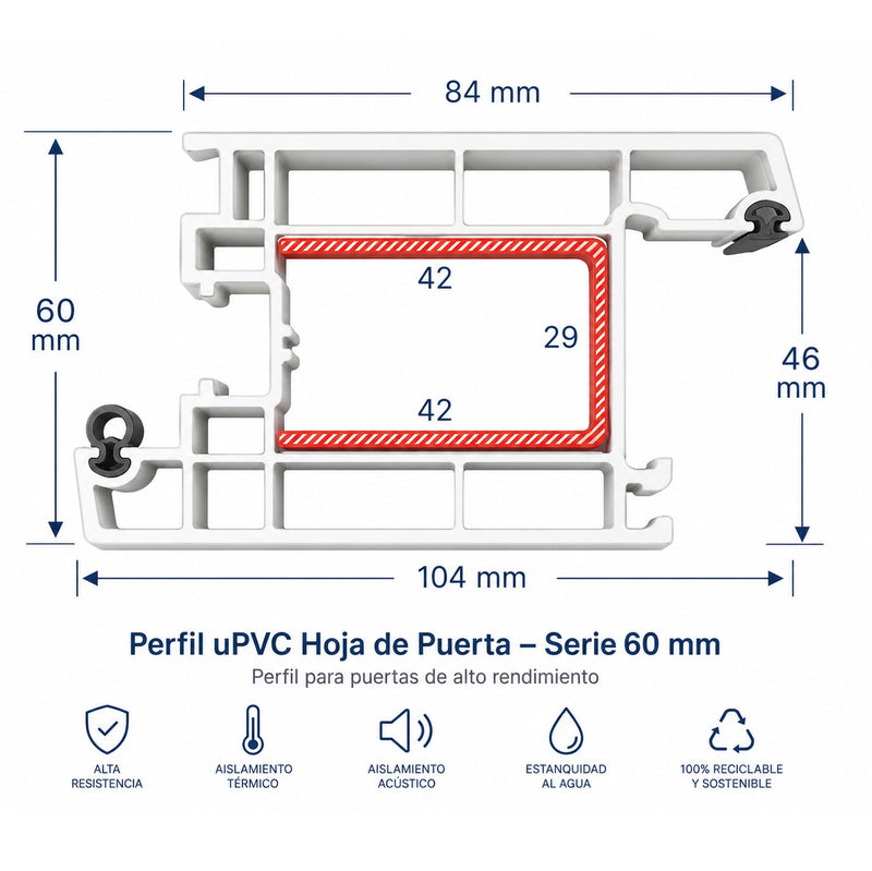Perfil UPVC Hoja de Puerta Abatible apertura interna 60mm Serie UPView Carbone Espesor 2.5mm Largo 5.85m Color Blanco Microtexturizado