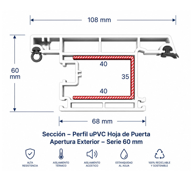 Refuerzo De Acero 1.2Mm Perfil "U" 40x35x40mm Para Hoja de Puerta Abatible apertura externa Upview 60Mm HAT028 5.9M