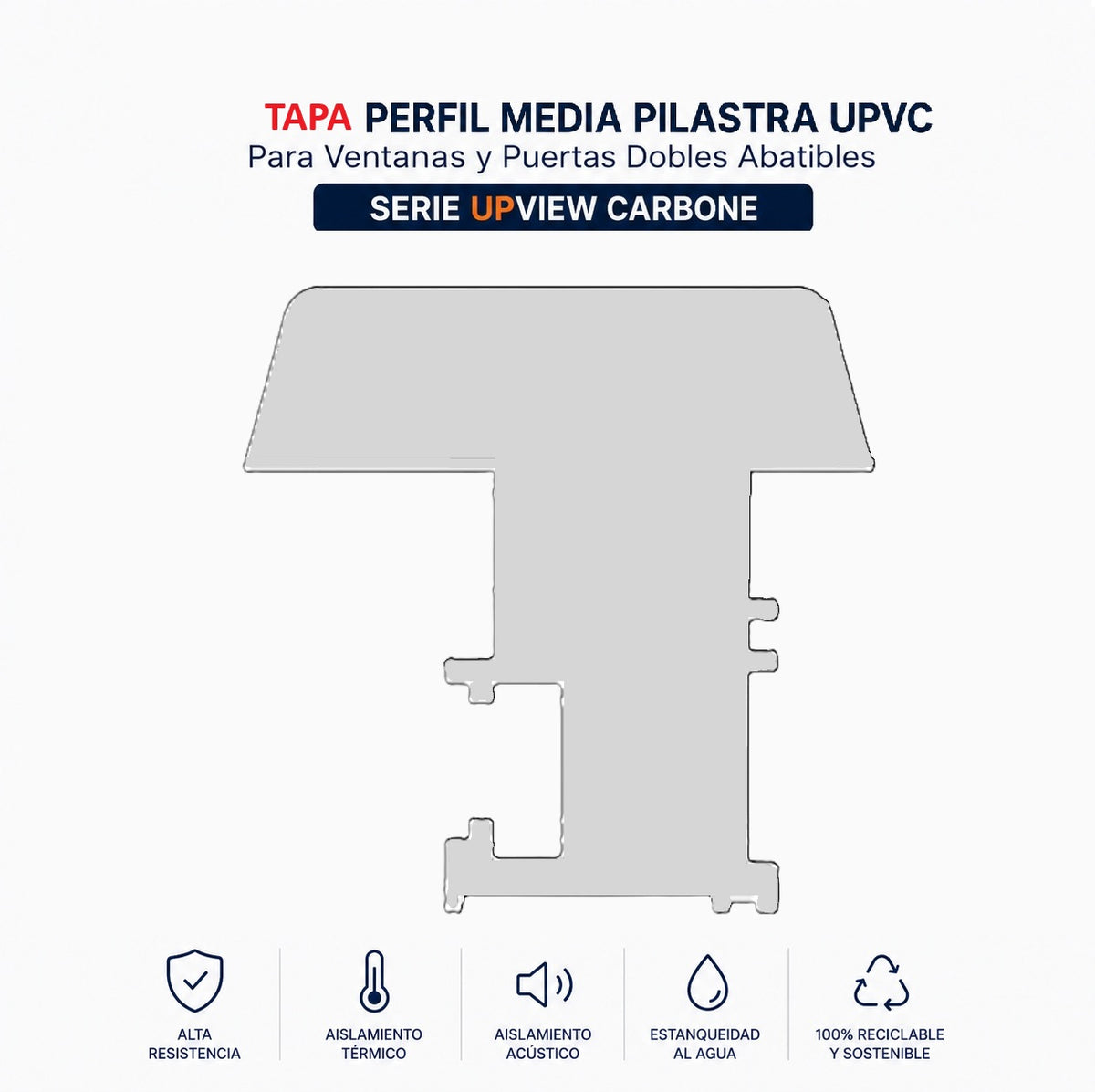 Tapa detalle final de corte de Perfil Media pilastra unión de venta y puerta abatible doble UPVC Upview Carbone Espesor Largo 5.85M Color Blanco | Acabado Profesional Para Ventanas PVC